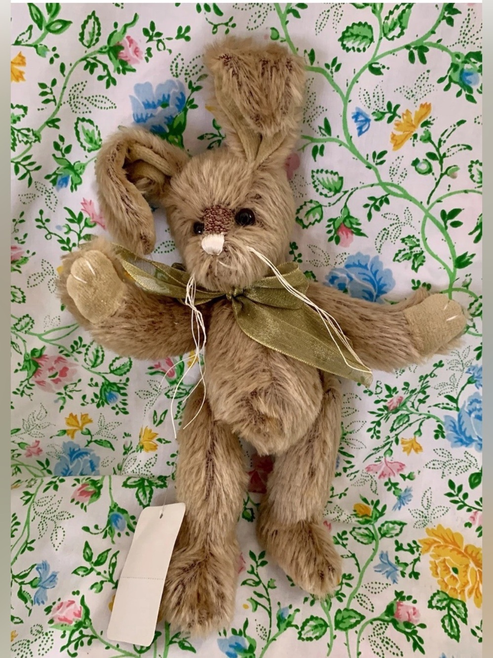 Bearington Collection Nelson Rabbit Plush Jointed Green Bow 12.5" Long Hair ***